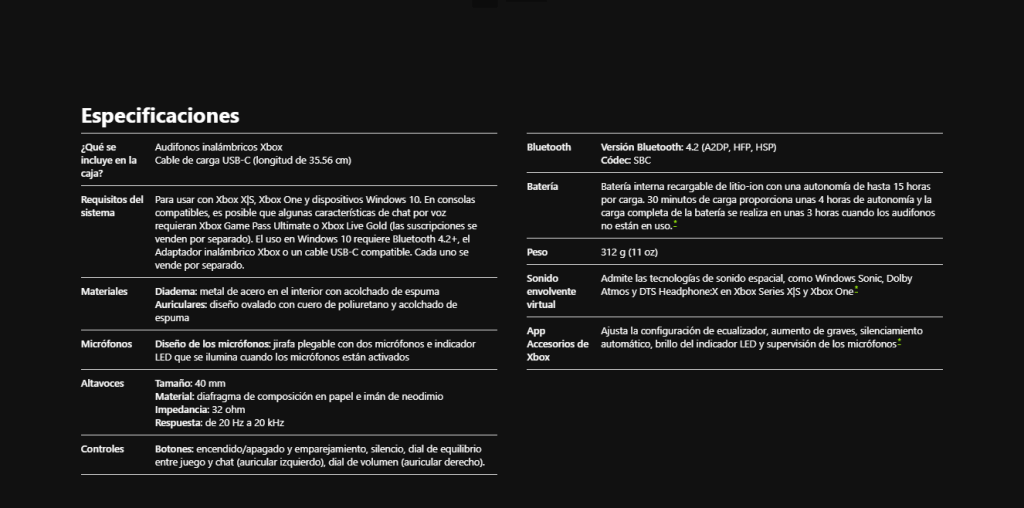 Ficha técnica de Xbox Wireless Headset