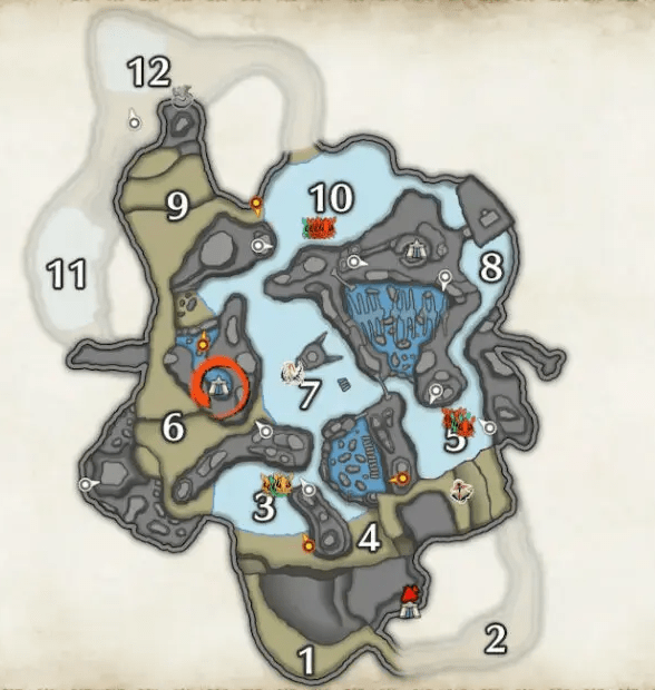 Mapa de las islas heladas de Monster Hunter Rise