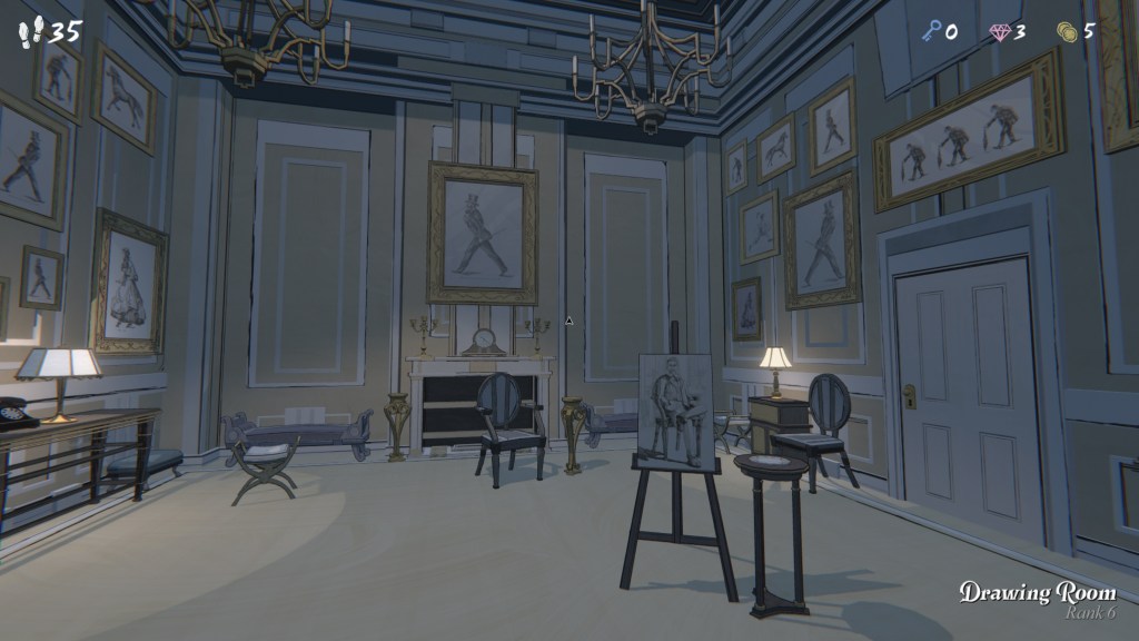 Interior de una habitación en Blue Prince.