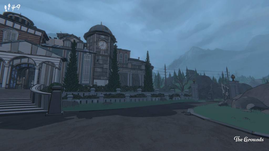  Vista exterior de la imponente mansión de Mt. Holly en Blue Prince.