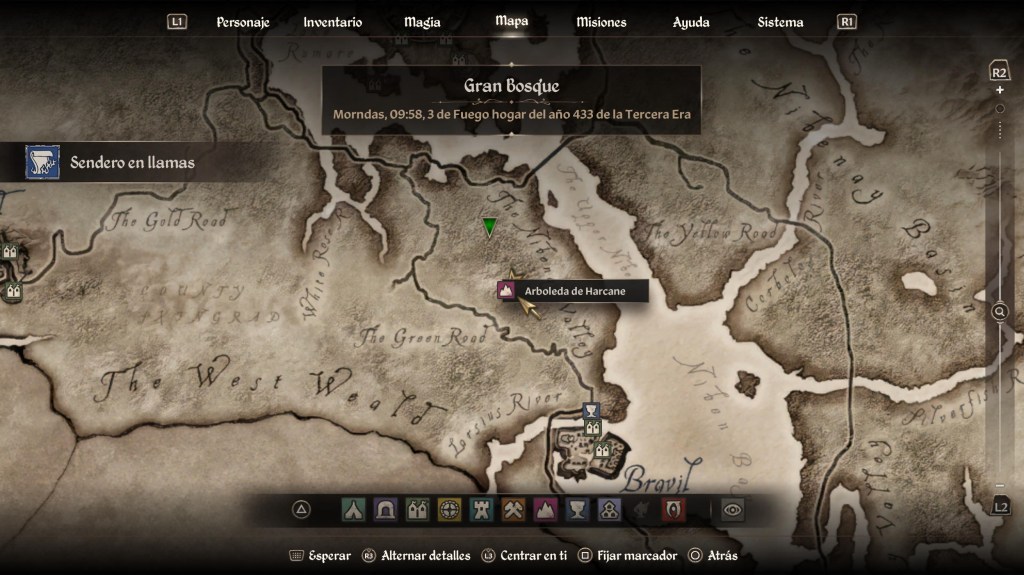 Mapa que muestra la ubicación de la Arboleda de Harcane al norte de Bravil en The Elder Scrolls IV: Oblivion Remastered.