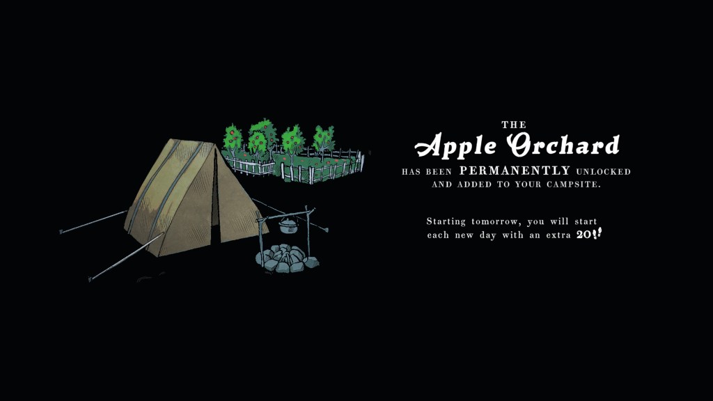 Pantalla de mejora permanente desbloqueada en Blue Prince, indicando que ahora el jugador comenzará cada día con 70 pasos, una recompensa por abrir el Huerto de Manzanas.