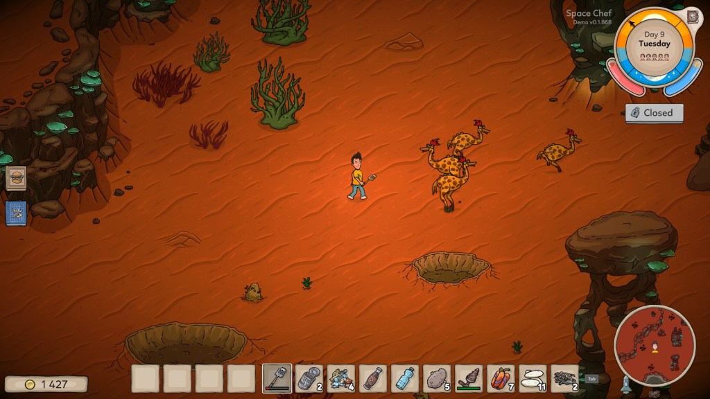 El chef espacial explorando un planeta y observando su fauna en Space Chef.