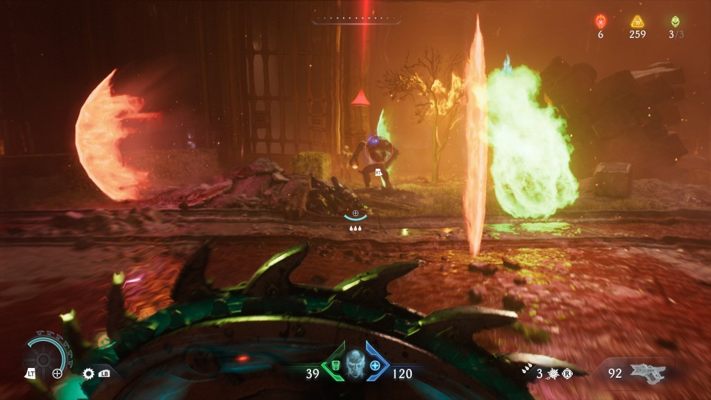 Doom Slayer usando el escudo en combate contra demonios en Doom: The Dark Ages.