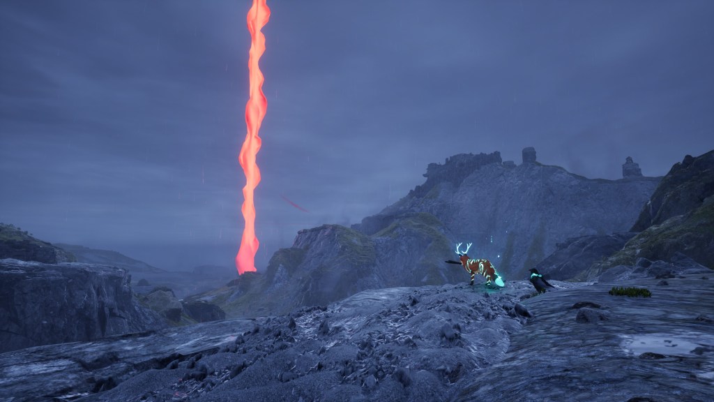 Zorro siguiendo una estela roja a través de un paisaje natural en Spirit of the North 2.