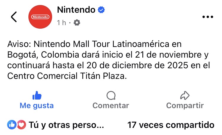 Anunció del cambio de fecha del Nintendo Mall en Colombia 2025