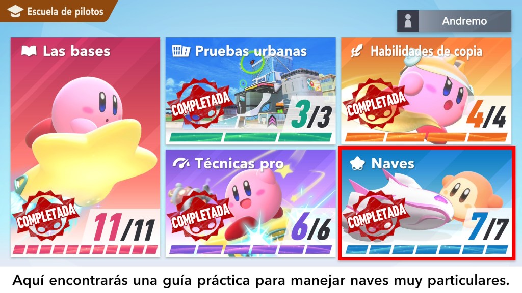 En escuela de pilotos aprenderas todo lo necesario para jugar Kirby Air Riders