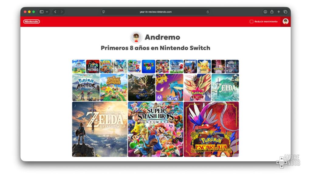 Sección de historial de años anteriores y fecha de inicio en Nintendo Switch 2.