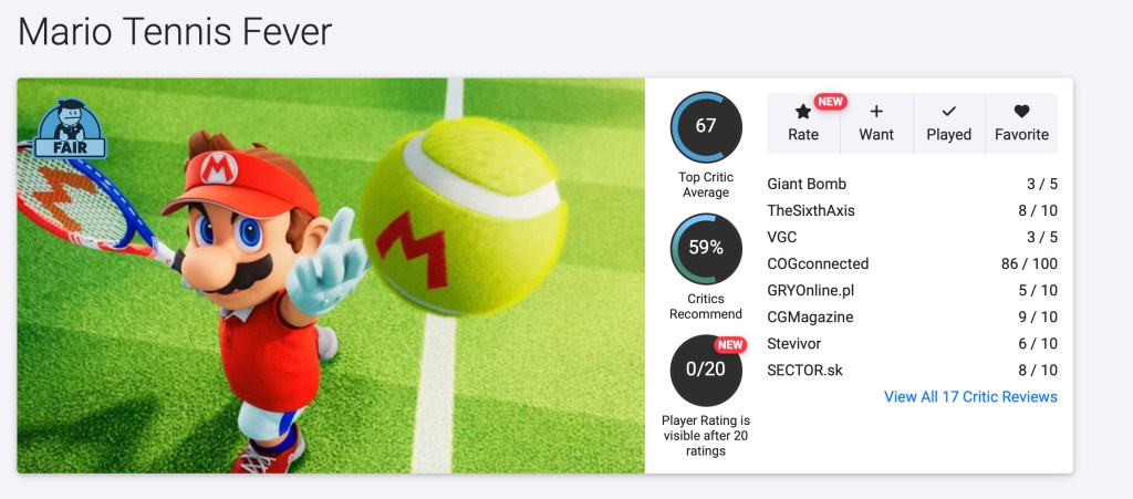 Las primeras notas de Mario Tennis fever en OpenCritic