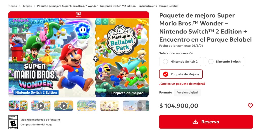 Puedes comprar el paquete de mejora de Super Mario Wonder para Nintendo Switch 2