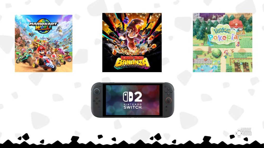 Portadas de Mario Kart World, Donkey Kong Bananza y Pokémon Pokopia